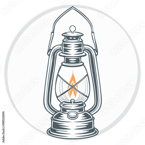 Stylized illustration of classic kerosene lantern with burning flame inside for camping or decorative use