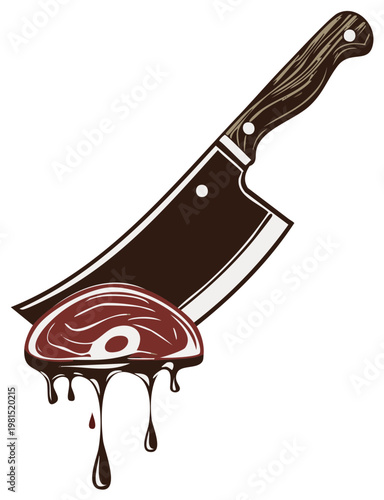 Butcher's Cleaver Slicing Fresh Meat Piece with Dripping Juices