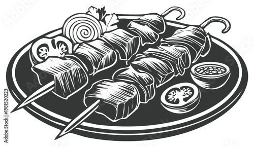 Barbecue meat skewers with grilled vegetables and sauce on a plate