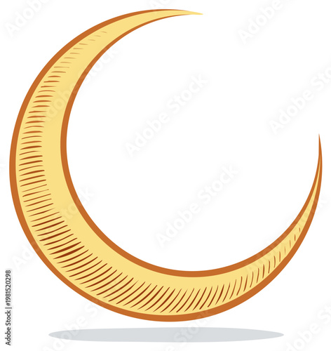 Stylized golden crescent moon with hatching texture symbol for Islamic holidays and night sky