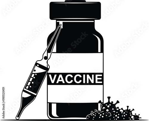 Vaccine illustration depicting syringe and vial with virus particles defeated