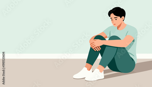 Young man sits alone, slouched and thoughtful. His eyes look down, showing quiet sadness. Simple background emphasizes his emotional state. Use for mental health, therapy. Soft colors create calm
