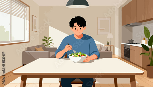 Young man enjoys fresh salad at home. Natural light fills cozy, minimalist kitchen. He smiles, focused on healthy meal. Simple table and sofa complete calm scene. Ideal for wellness, fitness