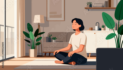 Woman meditates peacefully on a cozy living room floor. Soft light bathes the space through large windows. Potted plants add greenery to the tranquil setting. She sits cross-legged, eyes gently closed
