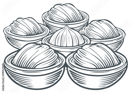 Garlic bulbs and creamy aioli dip in bowls vintage woodcut style illustration