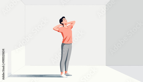 Minimalist room with soft light and clean lines. Person stretches arms, head tilted back, smiling gently. Elegant pose suggests relief, comfort, or relaxation. Ideal for wellness, self-care