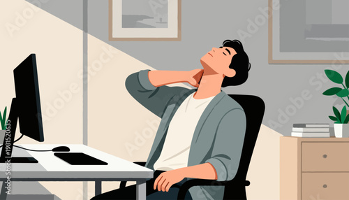 Man stretches neck after long computer work session. He leans back, eyes closed, arms relaxed. Office desk holds monitor and keyboard. Natural light falls from window beside him