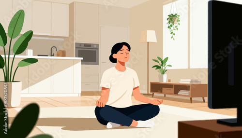 Woman meditates calmly on cozy, bright living room floor. Soft sunlight streams through tall windows. Modern kitchen and plants add serene, inviting atmosphere. She sits cross-legged