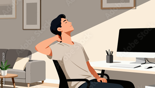 Man relaxes at desk, head tilted back. Fingers ease neck strain, eyes closed in calm. Soft light bathes room, quiet atmosphere. Cozy living space blends home and work