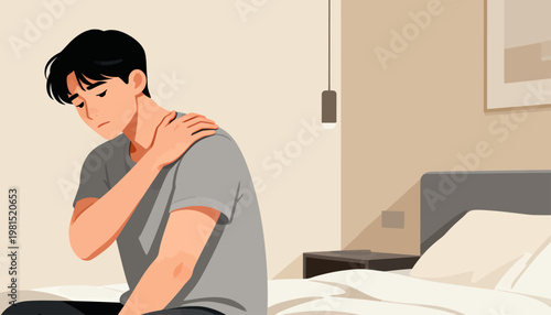 Man sits on bed, gripping shoulder. He looks weary, perhaps in pain. Soft room light suggests quiet evening. This image evokes stress or discomfort. Use it for wellness, health, or relaxation themes