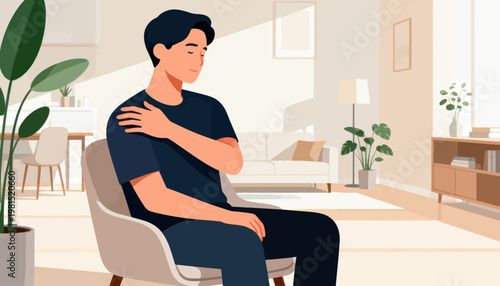 Man sits in quiet living room, hand on chest. He appears pensive, possibly stressed or thoughtful. Soft light fills space with calm, minimalist decor. Large green plants add life around him