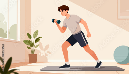 Young man lifts dumbbell at home. He focuses, moves with determination. Natural light fills the bright room. Green plant adds calm to the space. Mat and ball suggest fitness routine