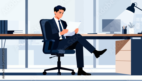 Businessman sits relaxed at desk, reviewing documents. Office environment calm, modern, and professional. He wears suit, holds papers, appears focused. Light lamp illuminates workspace softly