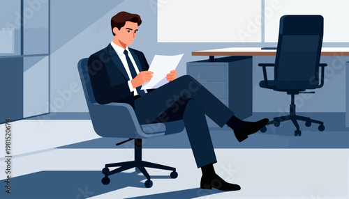 Businessman sits relaxed in office chair. He reads document while leaning back. Office features minimalistic design. Bright window illuminates the scene. Professional tone conveys calm focus
