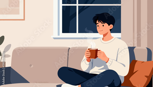 Cozy home scene with young man sipping warm drink. He sits cross-legged on beige sofa by window. Soft light filters through glass panes behind him. His gaze looks out into darkened evening sky