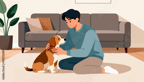 Man kneels beside his dog, petting its head. Dog looks up at him with a calm, trusting gaze. Soft light fills the cozy living room space. Plant in a pot adds greenery to the background