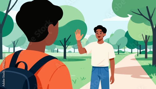 Two friends greet each other on a sunny park path. One waves cheerfully, the other smiles warmly. Trees frame the path in soft green tones. The scene suggests a friendly, relaxed meeting