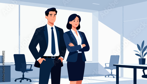 Two professionals stand confidently in a modern office. Sunlight streams through large windows, brightening the space. They appear calm, focused, and ready for business. The man wears a suit and tie