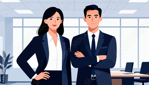 Professional couple stands confidently in modern office space. Both wear formal attire, exuding calm assurance. Large windows and clean desks complete the business setting