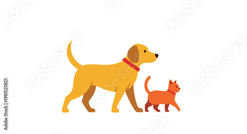 This charming vector graphic illustration depicts a friendly golden retriever dog with a vibrant red collar standing calmly beside a small, active orange domestic cat, both animals facing right on a c