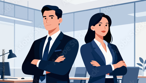 Confident professionals stand with crossed arms. Modern office setting features glass walls and desks. Both individuals project calm assurance, smiling subtly. Ideal for business, teamwork