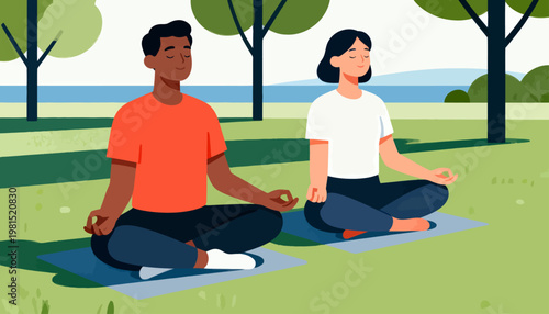 Two people meditate peacefully in a green park. They sit cross-legged on mats, eyes closed, hands resting. Trees and a calm lake surround them in soft light. Their posture shows deep calm and focus