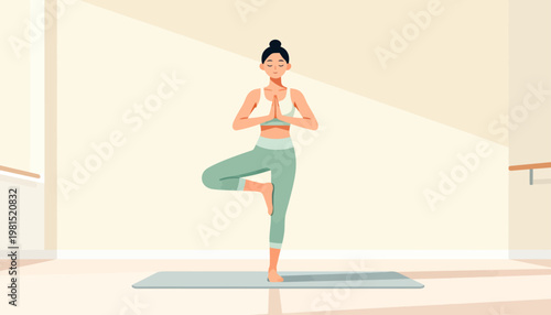 Woman practices yoga in serene, minimalist room. She balances gracefully on one leg, calm and focused. Soft light enhances peaceful, tranquil atmosphere. Perfect for wellness, mindfulness