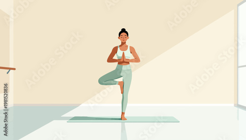 Woman practices yoga in serene, minimalist studio. She stands balanced, calm, and focused. Soft light highlights her grace and discipline. Ideal for wellness, fitness, or meditation branding