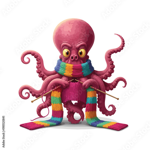 Pink octopus weaving colorful scarf with knitting needles