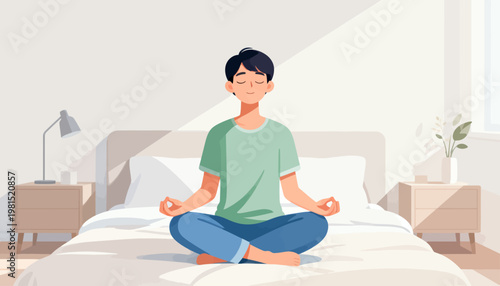 Young man meditates peacefully on a bed. Soft light streams through a window. Minimalist room features calm tones. Serene expression suggests inner peace. Ideal for wellness, mindfulness
