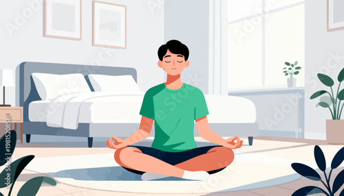 Young man meditates in a calm bedroom. He sits cross-legged on a soft mat. Eyes closed, he breathes slowly and peacefully. Sunlight streams through large windows nearby
