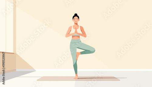 Woman meditates peacefully in gentle yoga pose. Soft light fills minimalist room with calm tones. She balances with grace, eyes closed, hands in prayer. Feet rest on mat, one leg lifted, body steady