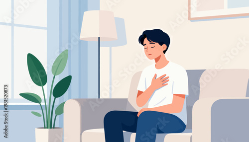 Man sits calmly on a couch, hand over heart. Soft light filters through large windows behind him. Potted plant adds greenery to the serene room. His closed eyes suggest peace or deep thought