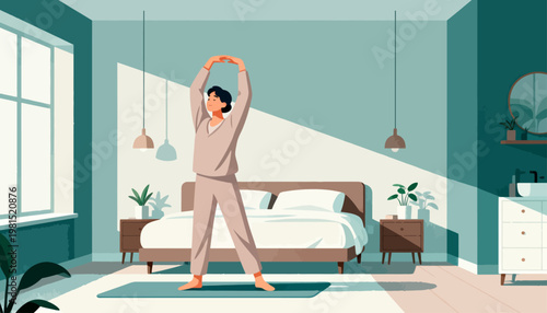 Serene man stretches in bright, minimalist bedroom. Soft light casts gentle shadows across calm space. Bed, plants, and lamps suggest peaceful morning routine