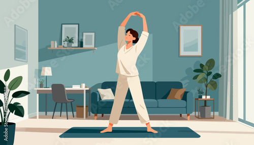 Woman stretches in calm, modern living room. Soft blue walls and cozy sofa frame her movement. She balances gently, arms above her head, feet wide apart