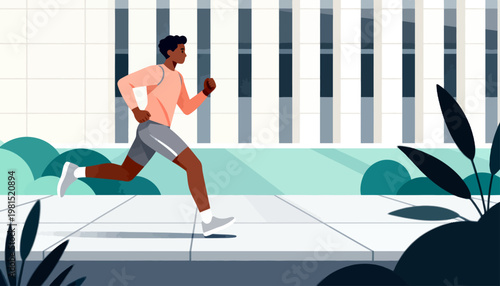 Man runs determinedly on a city sidewalk. Background features modern buildings and greenery. His stride shows energy and focus. Ideal for fitness, urban life, or health campaigns
