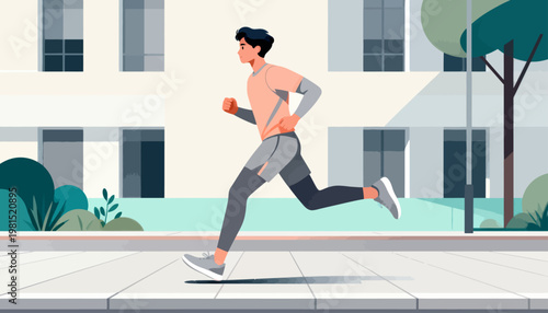 Athletic man jogs on city sidewalk. Healthy lifestyle concept portrayed. Light-colored building looms in background. Tree and greenery soften urban setting. Energetic stride conveys movement