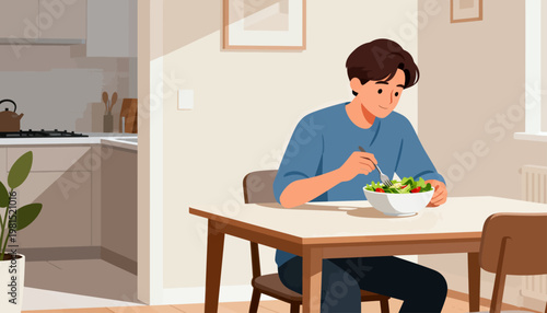 Young man eats healthy salad at home table. Warm sunlight bathes the minimalist kitchen. Satisfied smile shows contentment and care. Cozy interior suggests calm, everyday routine