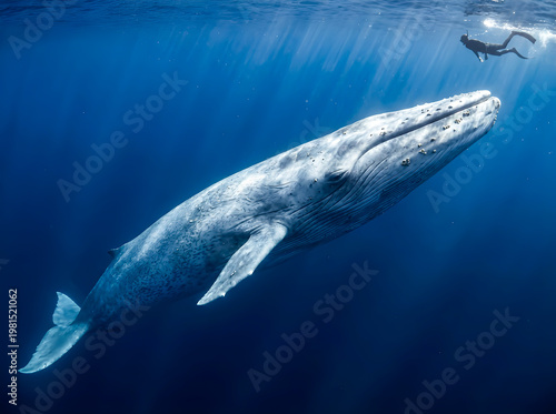 Giant Blue Whale Swimming Underwater with Free Diver