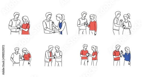 Hand drawn illustrations of couples interacting and exchanging gifts.