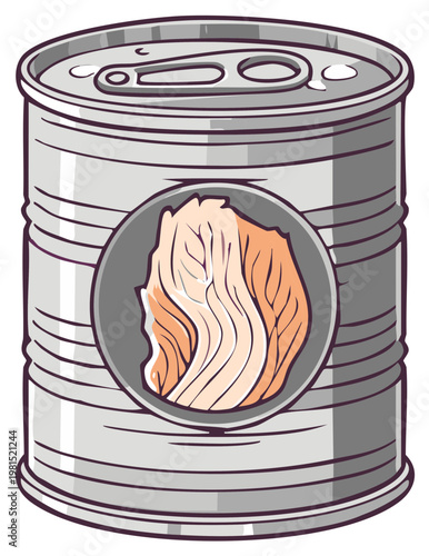 Cartoon illustration of a tin can with a label showing salmon fillets