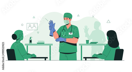 Doctor teaching medical students about vaccination and hygiene in a clinic