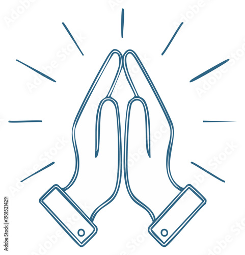 Illustration of hands clasped together in a prayer or greeting gesture with radiating lines
