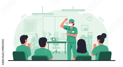 Doctor teaching medical students about hygiene and safety in a modern classroom