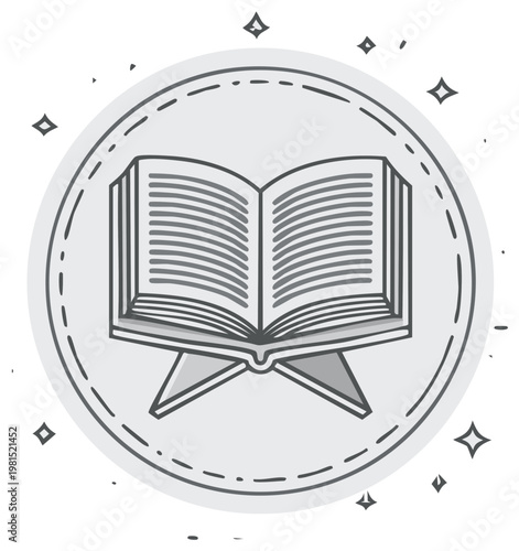 Open book on a stand with decorative stars and a circular border in a simple line art style
