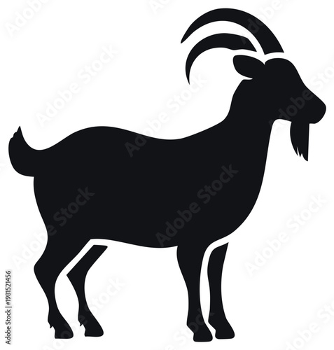 Silhouette of a male goat with curved horns and a beard standing profile view