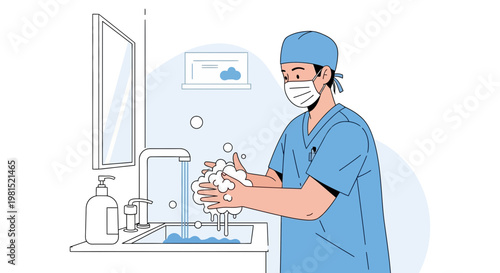 Doctor washing hands with soap and water in hospital sink, hygiene concept
