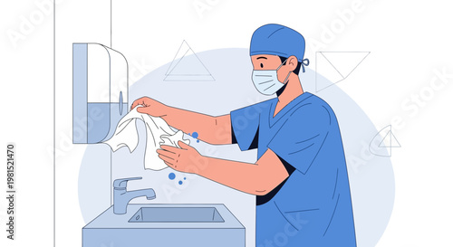 Doctor washing hands with soap and towel in hospital sink, hygiene concept