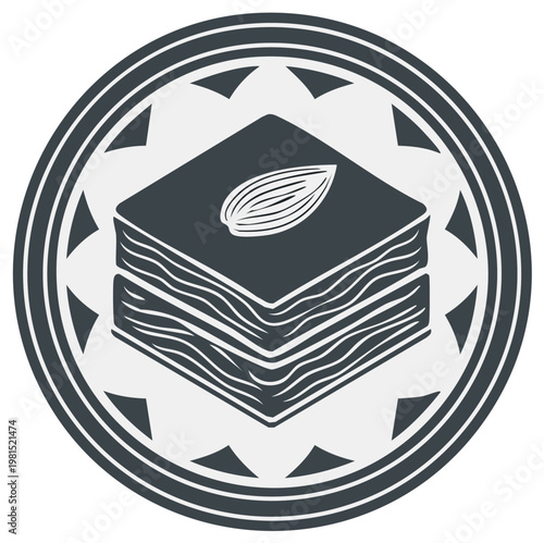 Traditional baklava pastry with an almond nut in a decorative circular emblem vector icon