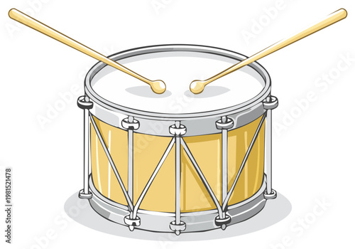Illustration of a Standing Snare Drum with Two Wooden Drumsticks Resting Atop the White Surface, Music Instrument Icon